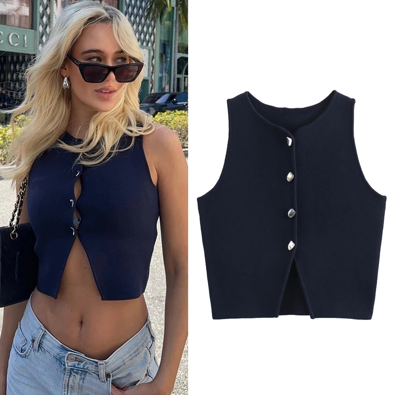 Женский однобортный жилет без рукавов с круглым вырезом