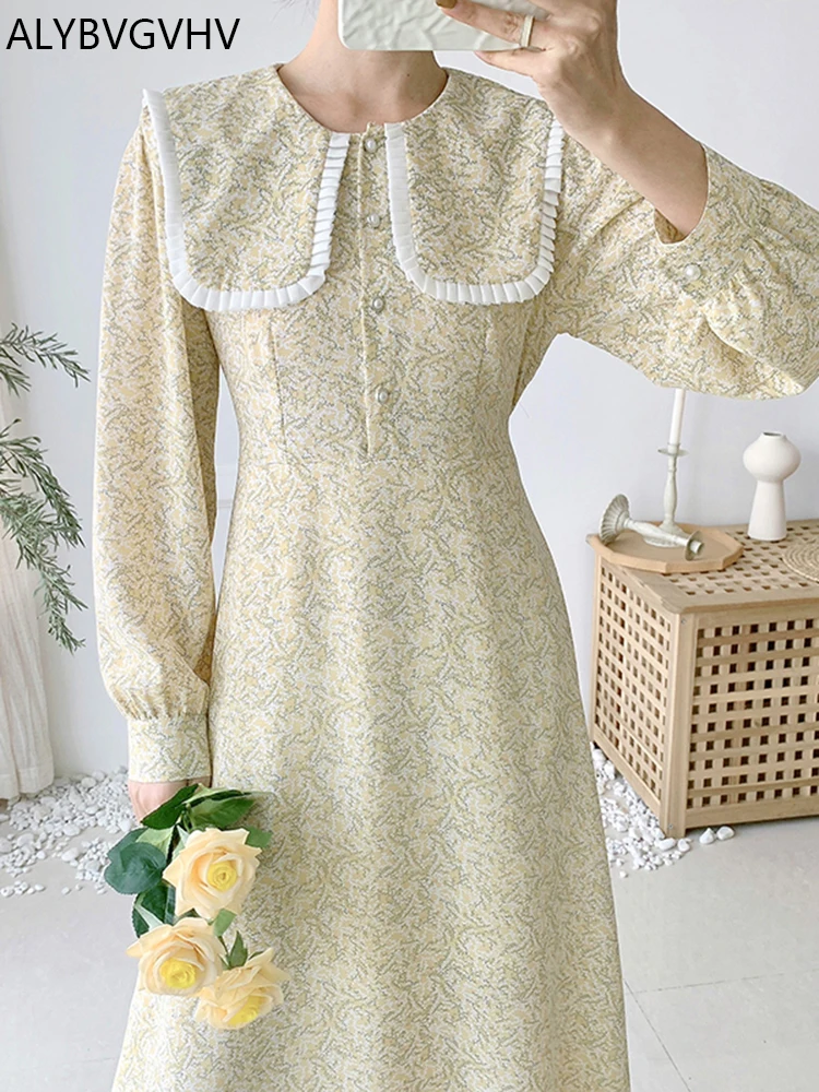 

Женское шифоновое платье с длинным рукавом, элегантное желтое длинное платье с кукольным воротником и цветочным принтом, с высокой талией, ...
