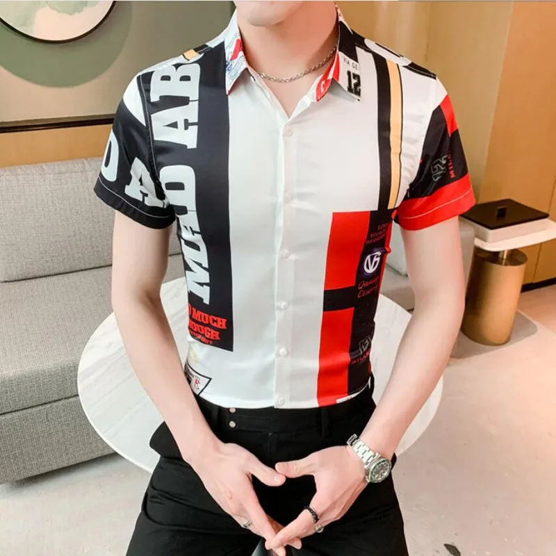 

Мужская рубашка с коротким рукавом, летняя приталенная рубашка с буквенным принтом, модель 4XL, 2022