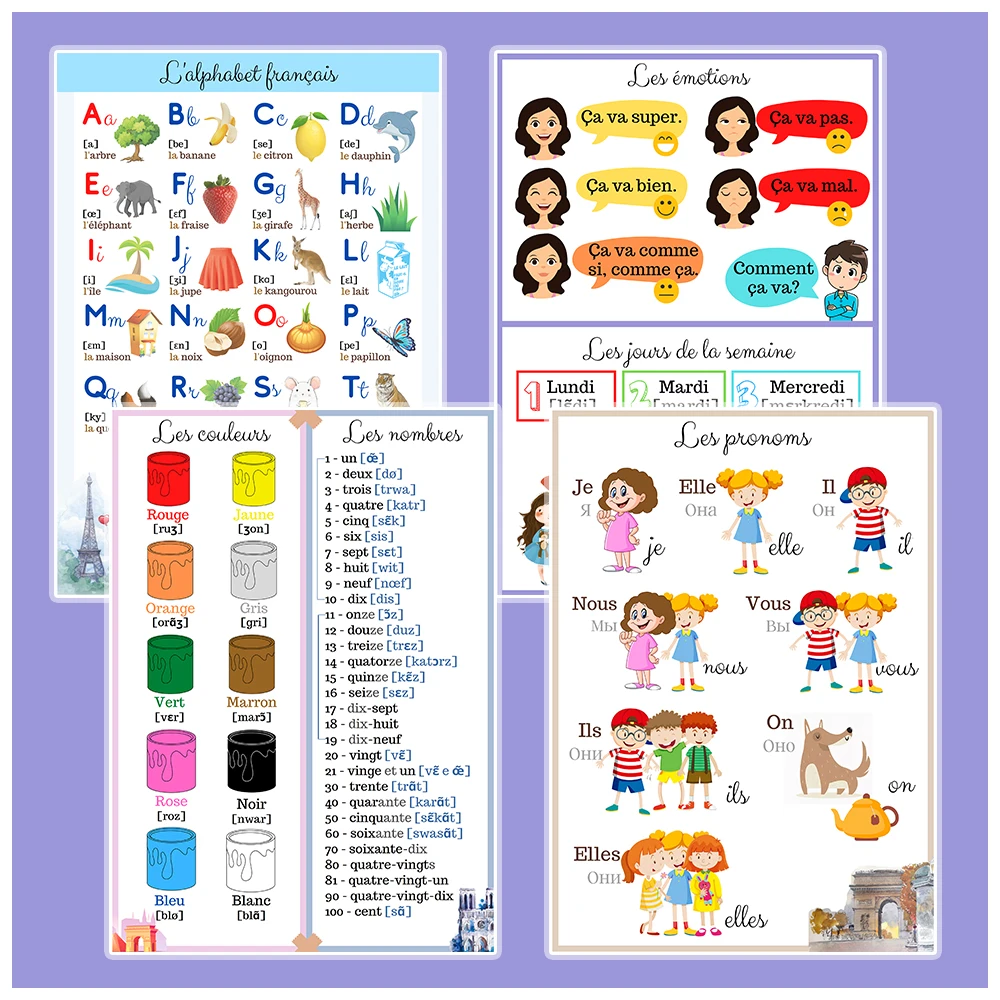

4 PCS/set Français French Language Learning Color Alphabet A4 Poster for School Clasroom Decor Homeschool Decoration