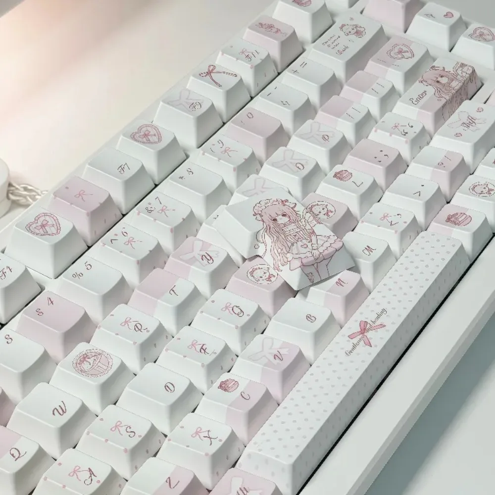 Фото Розово-белые кейкапы с тематикой овечек, профиль Cherry, PBT, горячая сублимация, оригинальная высота, аксессуары для механических клавиатур №2