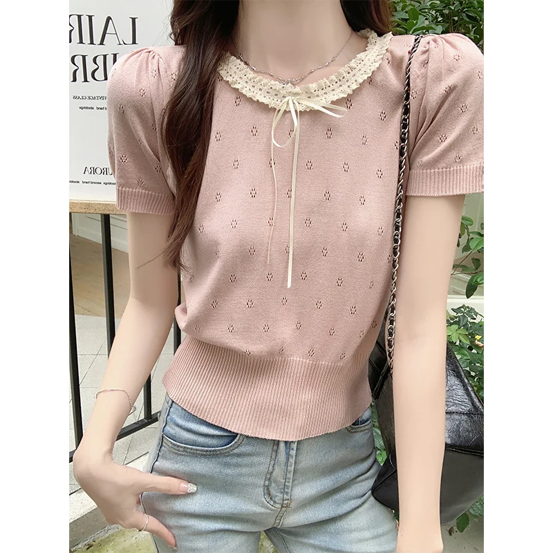 Женские кружевные топы GAODINGLAN с бантом и круглым вырезом летние женские