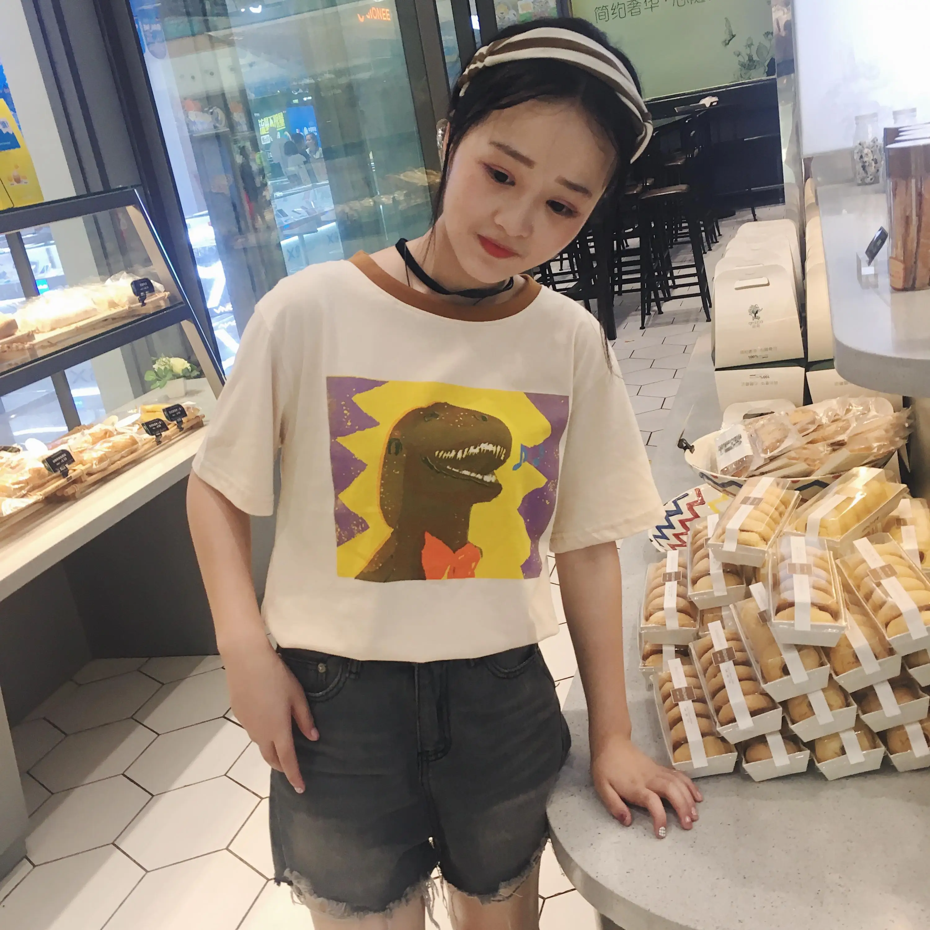 

2021 Summer New Fashion Cartoon Dinosaur Printed Cute Cotton Short Sleeve Female T-shirts