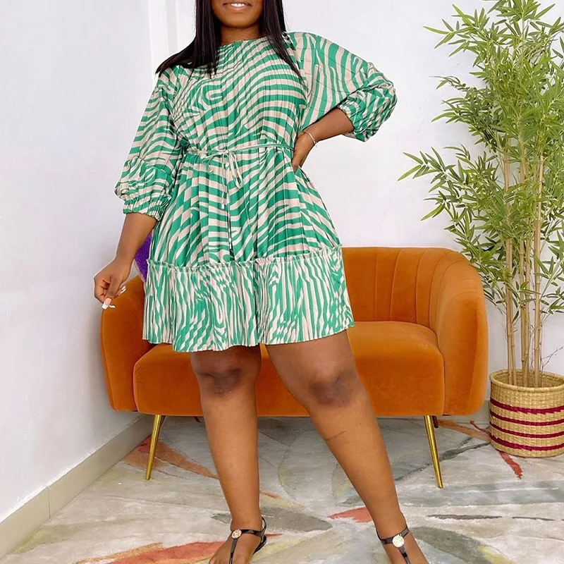 Large Size Summer Dress Women 2023 New Fashion Casual Loose Female Plus Size Office Vestidos Floral Print Mini Pleated Dresses