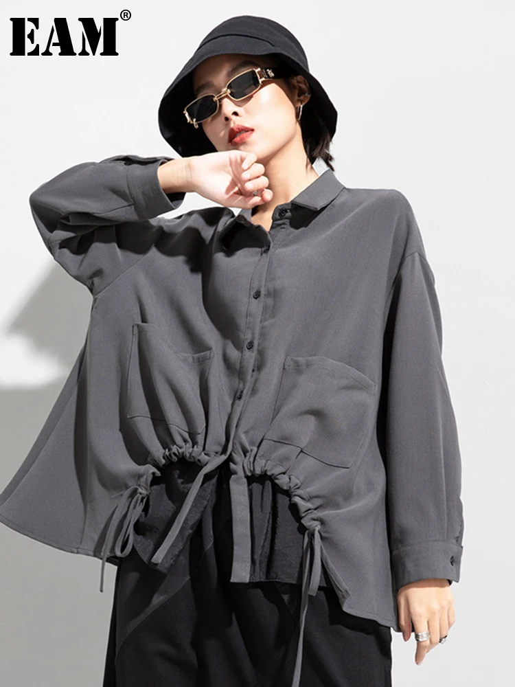 

[EAM] Women Drawstring Big Size Fake Two Blouse New Lapel Long Sleeve Loose Fit Shirt Fashion Tide Spring Autumn 2022 1DD0160