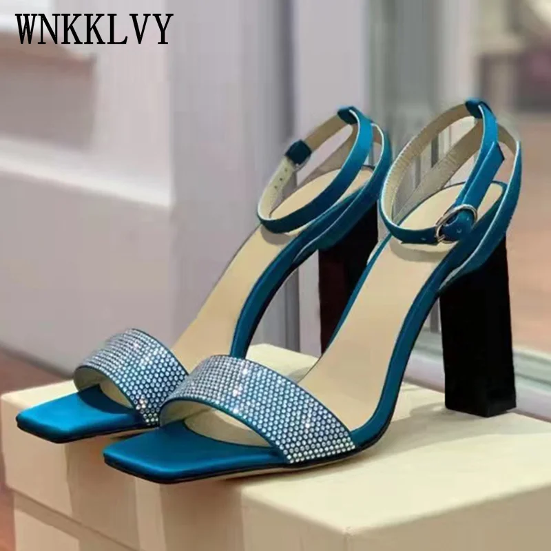 

Summer One Word Rhinestones BlingBling Pumps Women Peep Toe Square Heel Sandals Satin Ankle Strap Sandals Banquet Prom Pumps