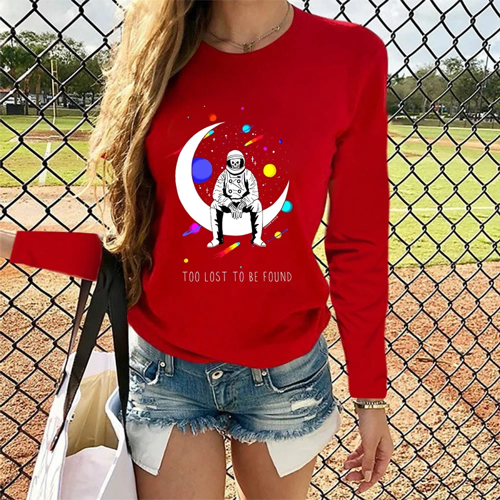 2021wish Amazon осенняя новая женская футболка с буквенным принтом и лунным астронавтом
