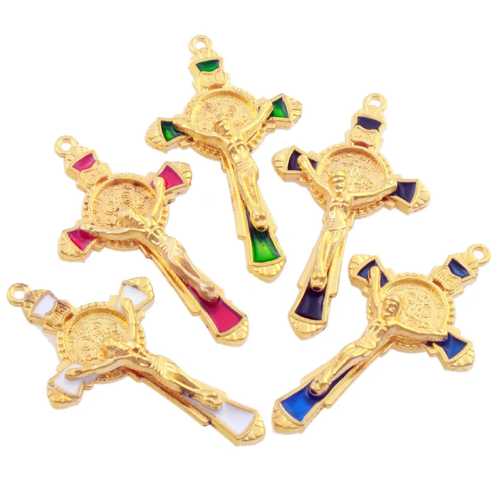 

6Pcs 5Colors Enamel Saint Benedict Medal Cross Crucifix Spacer Charm Beads Pendants L1670