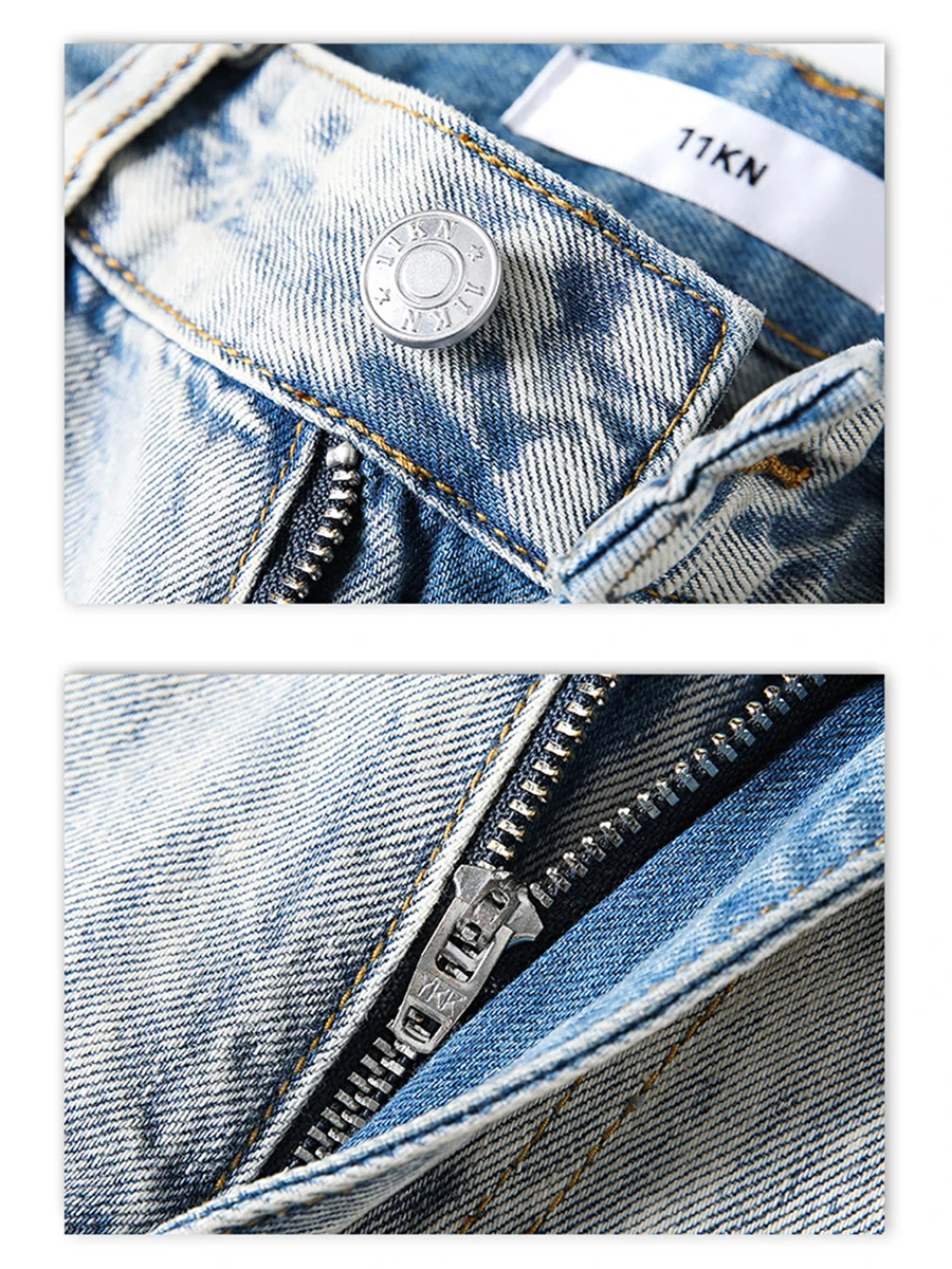 Four Seasons Men's Jeans American High Street Washed Ripped Slim Fit Hem Zip Trousers Y2k Men Jeans Streetwear Men Ins Hot Sale