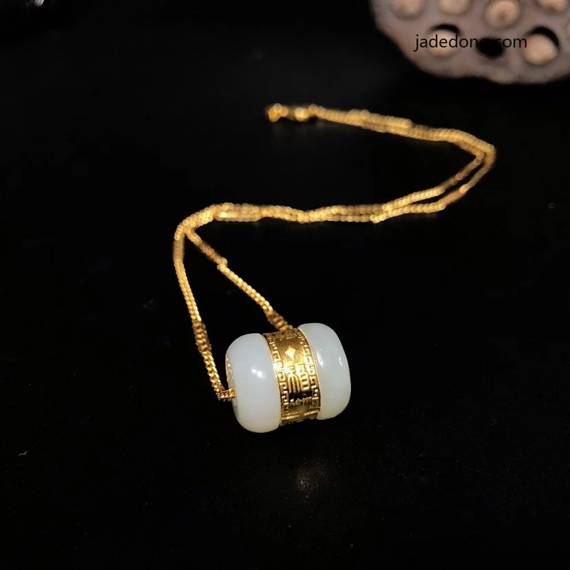 

New 24k 999 Gold Inlaid Natural Chinese White Jade Beads Pendant Necklace Women Jewelry Gift