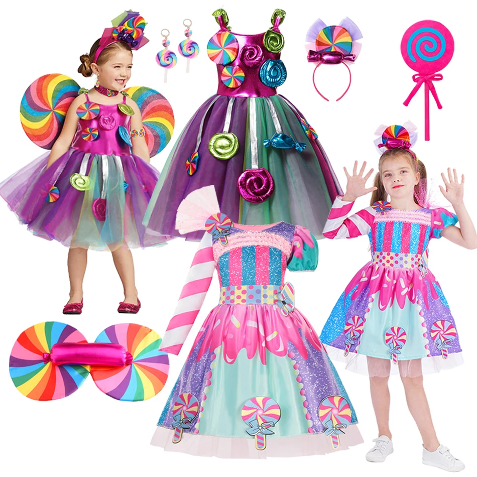 

Purim Costume Girls Sweet Candy Dress Lollipop Children Clothing Princess Festival Party Rainbow Print Fancy POP Costume 3-10Y