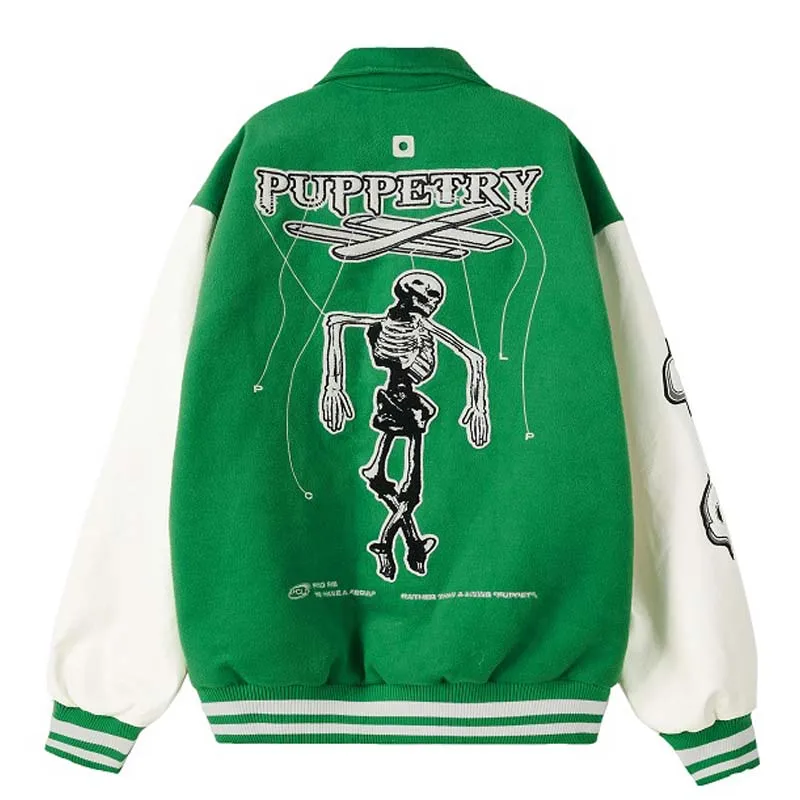 Skull Embroidered PU Leather Panel Sleeves Varsity Jacket Men Women American Campus Contrasting Colors Loose Bomber Lapel Coat