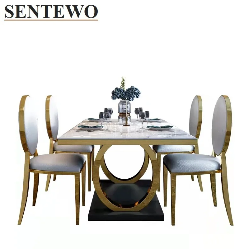 

SENTEWO роскошный мраморный обеденный стол и 8 стульев, нержавеющая сталь, Золотая рамка, Строительный набор, мебель, стол для столовых