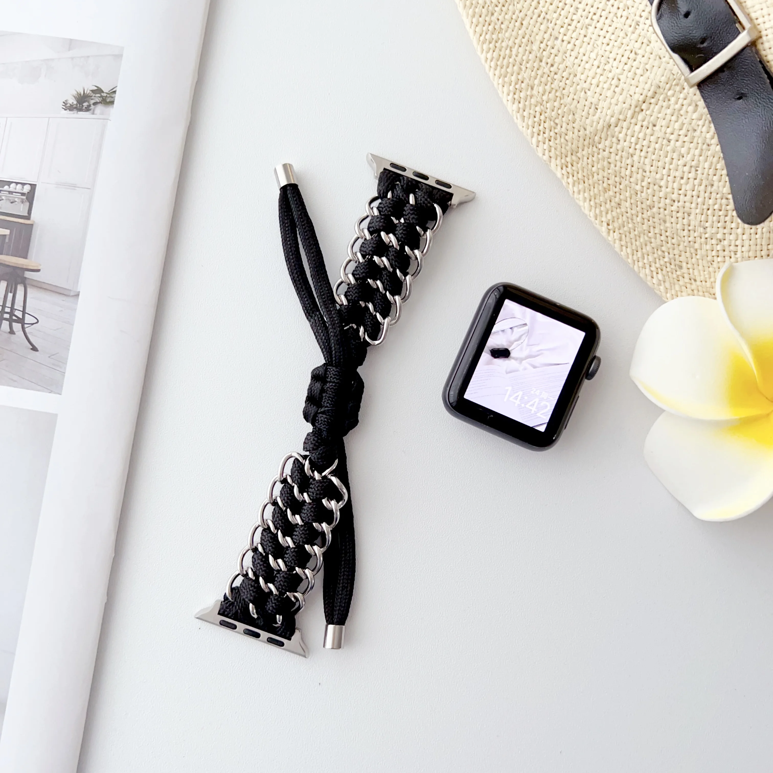 

URFUN For Apple Watch iWatch Bands 38/40/41/42/44/45/49mm for Women Men,Adjustable Metal Ring Braided Loop Elastic Sport Strap