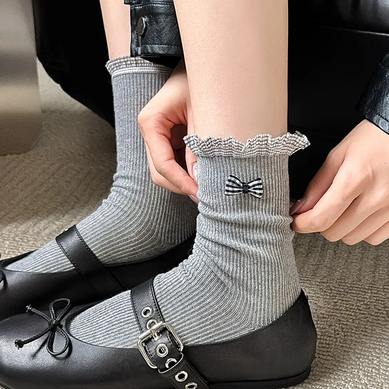 Милые женские носки с бантом и кружевом рюшами хлопковые средней длины в