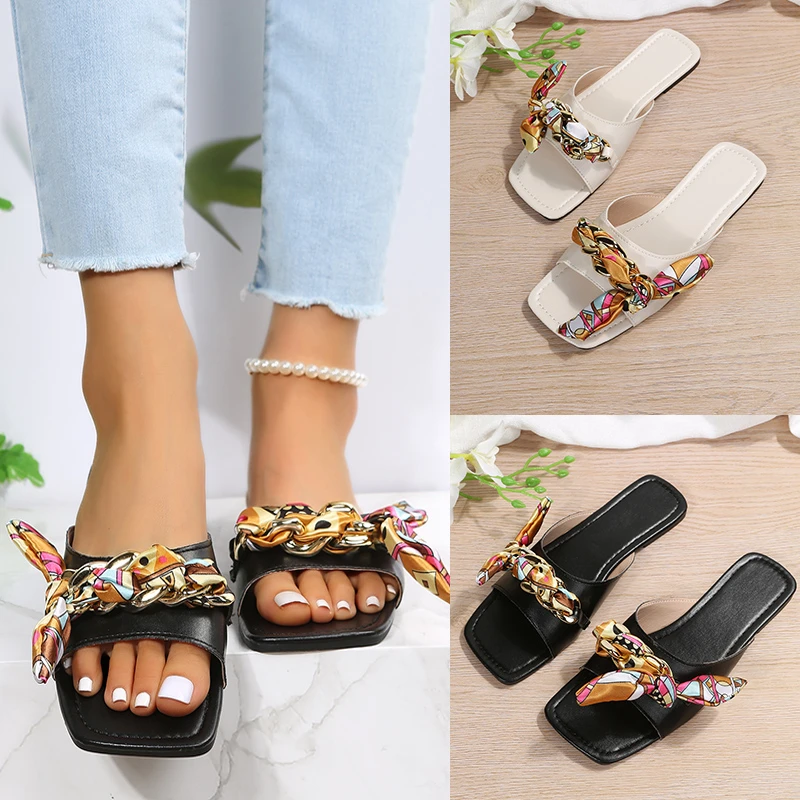 

Women Shoes 2022 New Summer Fashion Square Head Woven Flat Slippers Women Plus Size Open Toes Non-slip Beach Sandals Slippers