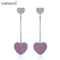 luoteemi cute tiny zircon micro pave green pink love hearts long chain dangle earrings for women elegant wedding party jewelry