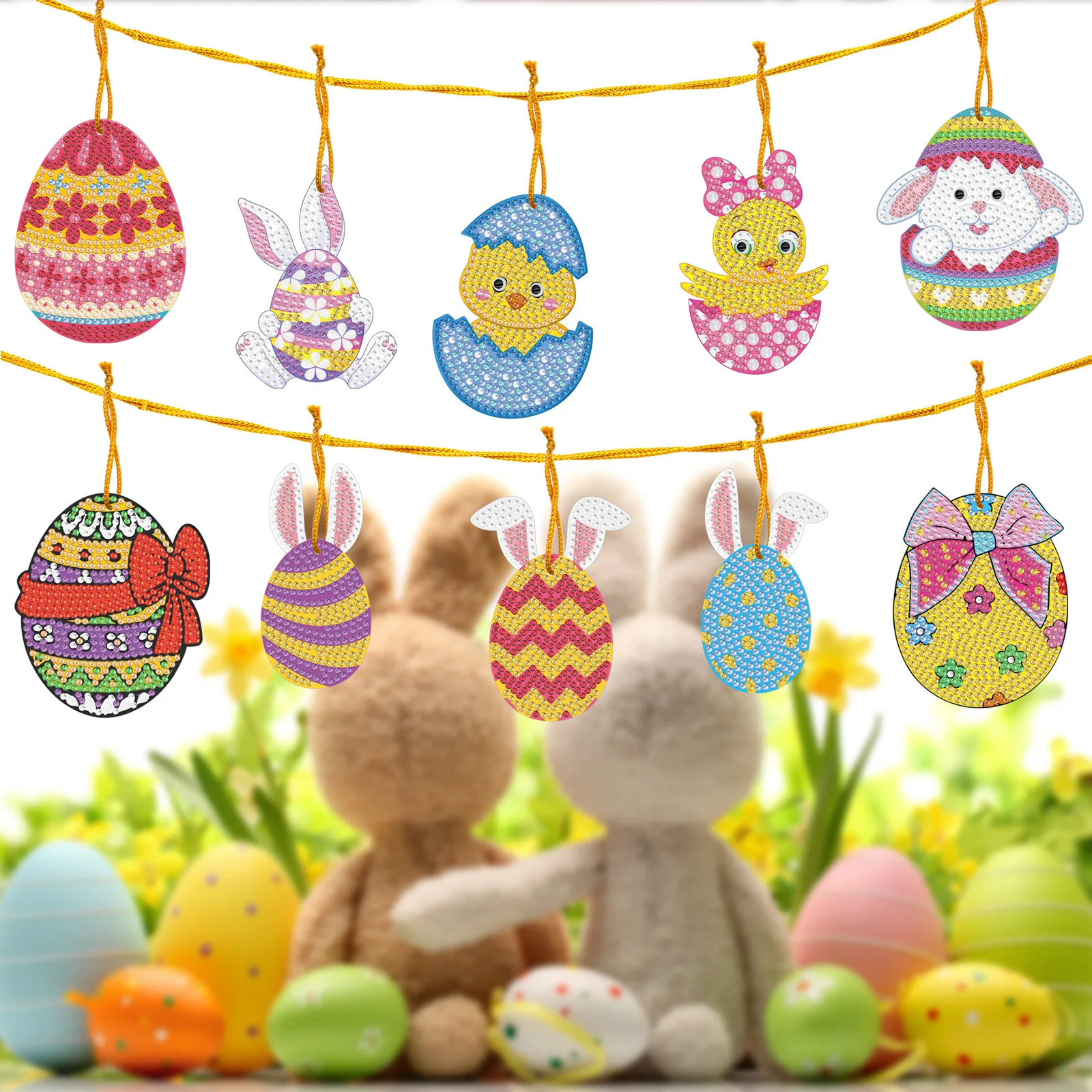 10Pcs Easter Decor DIY Diamond Painting Pendant Cartoon Bunny Eggs Diamond Mosaic Hanging Ornament Art Crafts Kit Handmade Gifts