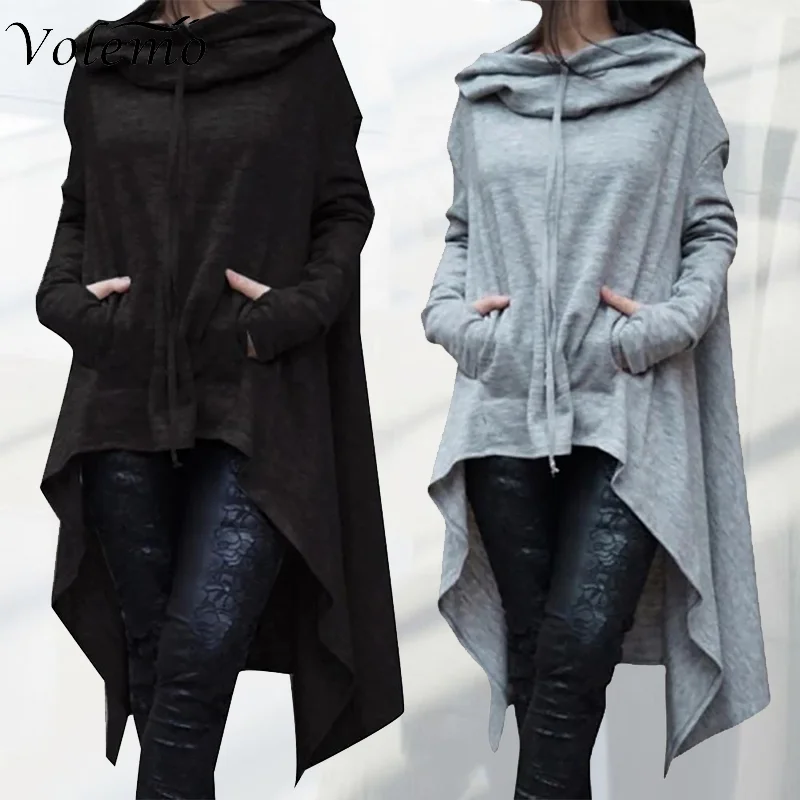 

Volemo Autumn Winter Plus Size Women Irregular Hem Hoodie Sweatshirt Cloak Drawstring Pocket Oversize Female Hooded Pullover