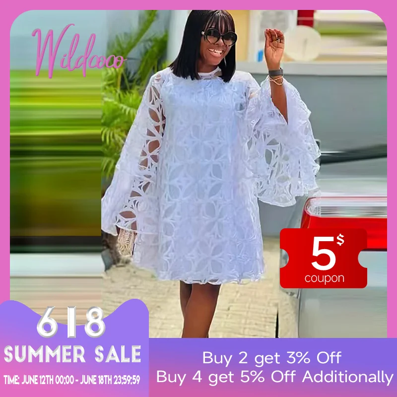 Plus Size Fashion Women Lace Dress Long Sleeve Round Neck Mesh Loose Pullover Elegant Chic Loose Ladies Dress For Summer 2023
