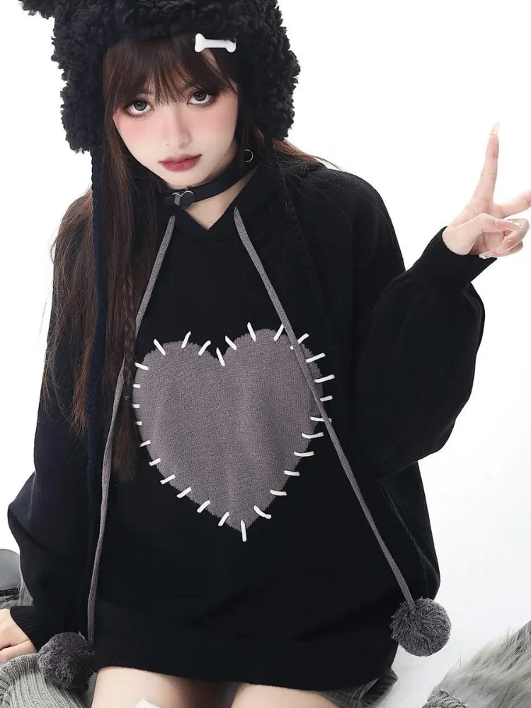 

QWEEK Y2k Oversize Kawaii Hoodies Women Preppy Style School Student Heart Love Print Sweatshirt Korean Fashion Tops 2023 Autumnb