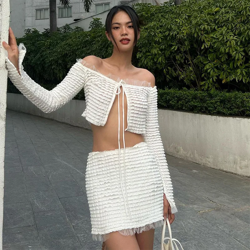 

Hollow Out Knitted Ribbons Two Piece Set Women Sexy Long Sleeve Lace Up Backless Crop Tops Bodycon Mini Skirts Beach Dress Suit