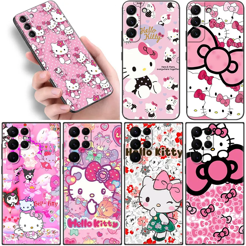

Cute Hello-KKitty Cat Phone Case For Samsung Galaxy S22 S21 Ultra S20 FE S8 S9 S10E S10 Plus Lite S7 Edge 5G Black Soft Cover