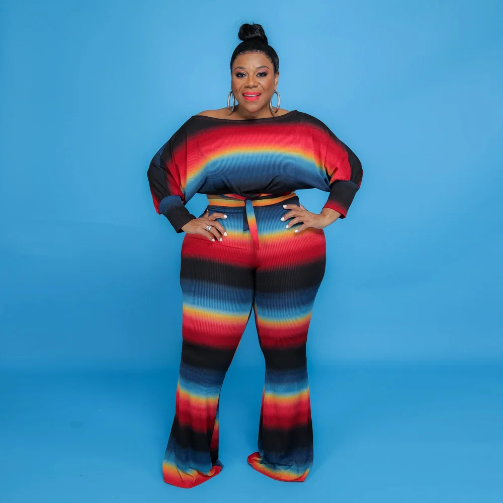 Plus Size Fall Clothing Two Piece Set Women Stripe Crop Bandge Top Elastic Waist Wide Leg Pants Sets Wholesal 3xl 4xl 5xl 6xl