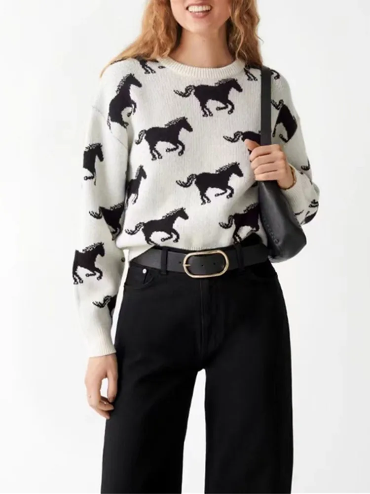 

Women Sweater Animal Jacquard Long Sleeve O-Neck Fashion Autumn Winter Pullover