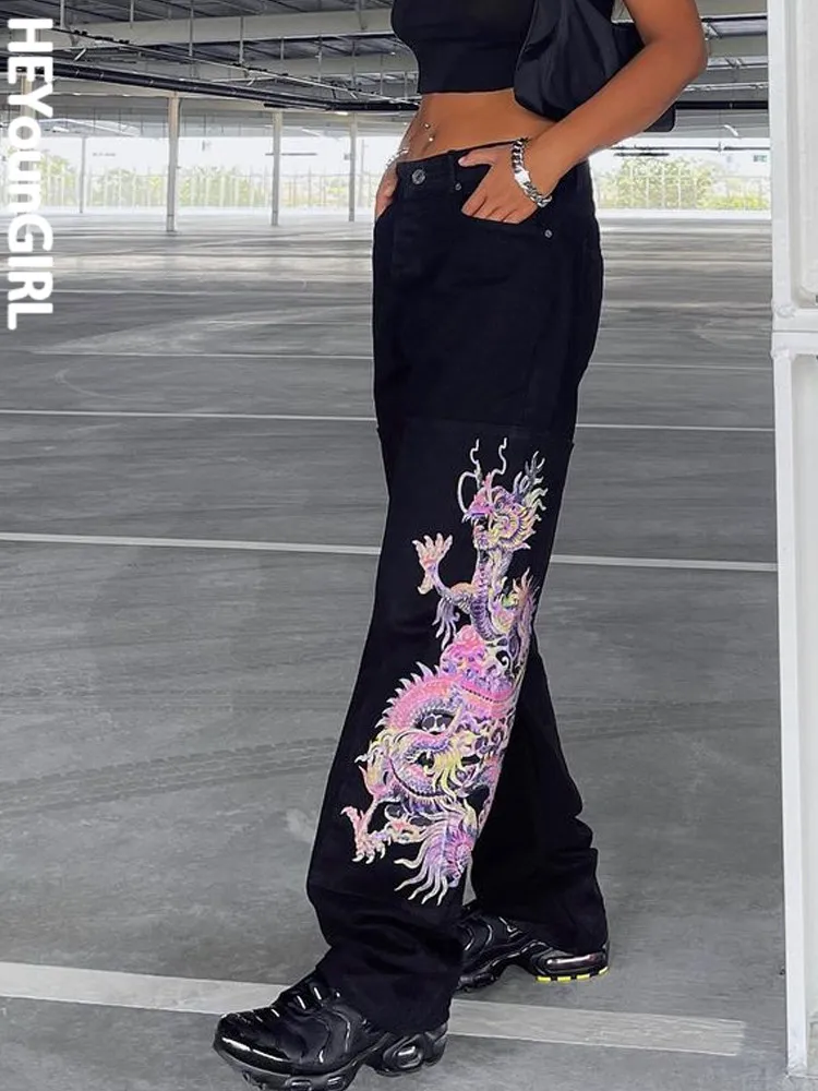 

Женские черные джинсы HEYounGIRL с принтом дракона, уличная одежда, модные гранж брюки из денима с высокой талией в стиле хип-хоп, прямые брюки в г...