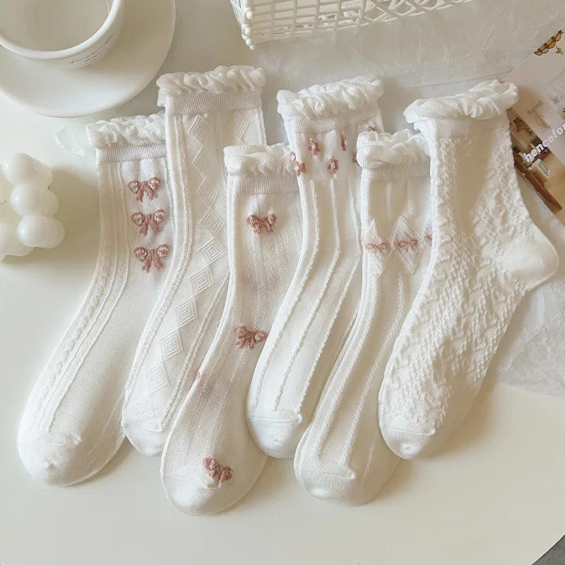 Summer Thin Lolita Socks Women's Medium Tube Stockings Lace White Stripe Flower Socks Japanese Kawaii Socks Non-slip Chaussette