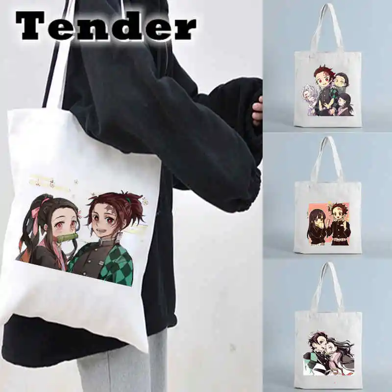 

Сумка-шоппер с изображением рассекающего демонов аниме сумки для покупок Kimetsu No Yaiba холщовая сумка-шоппер сумки в стиле Харадзюку подарок Y2k милые сумки на плечо