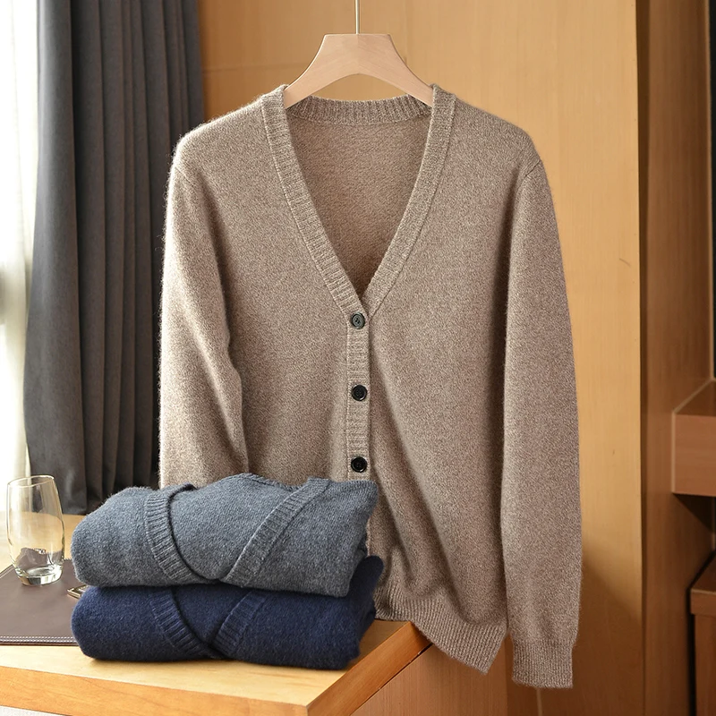 

Мужской кашемировый кардиган с V-образным вырезом, осенне-зимняя однотонная Большая куртка, Повседневная модная Базовая рубашка, 100%