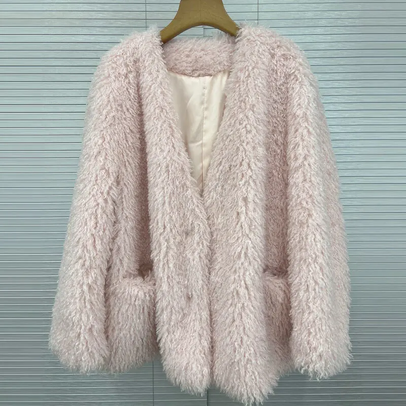 

22 Winter New Vintage Fur Coat Fashion Runway V-neck Covered Buttons Loose Jacket Elegant Women Long Sleeve Warm Clothes 3Color