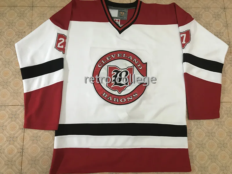 

Cleveland Barons #27 Gilles Meloche Hockey Jersey Red White Embroidery Stitched Customize any number and name Jerseys