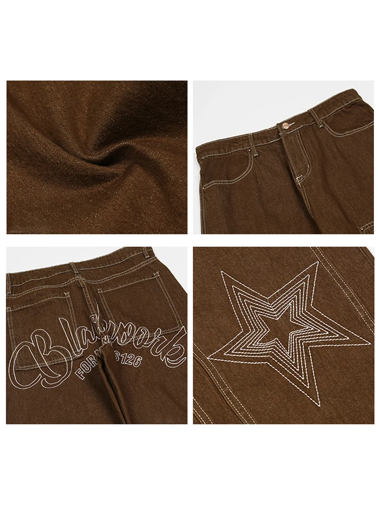 Four Seasons Star Embroidered Straight Loose Fit Boyfriend Pant Pantalone Hombre Y2K Fashion Brown Mid Waist Loose Jeans for Men