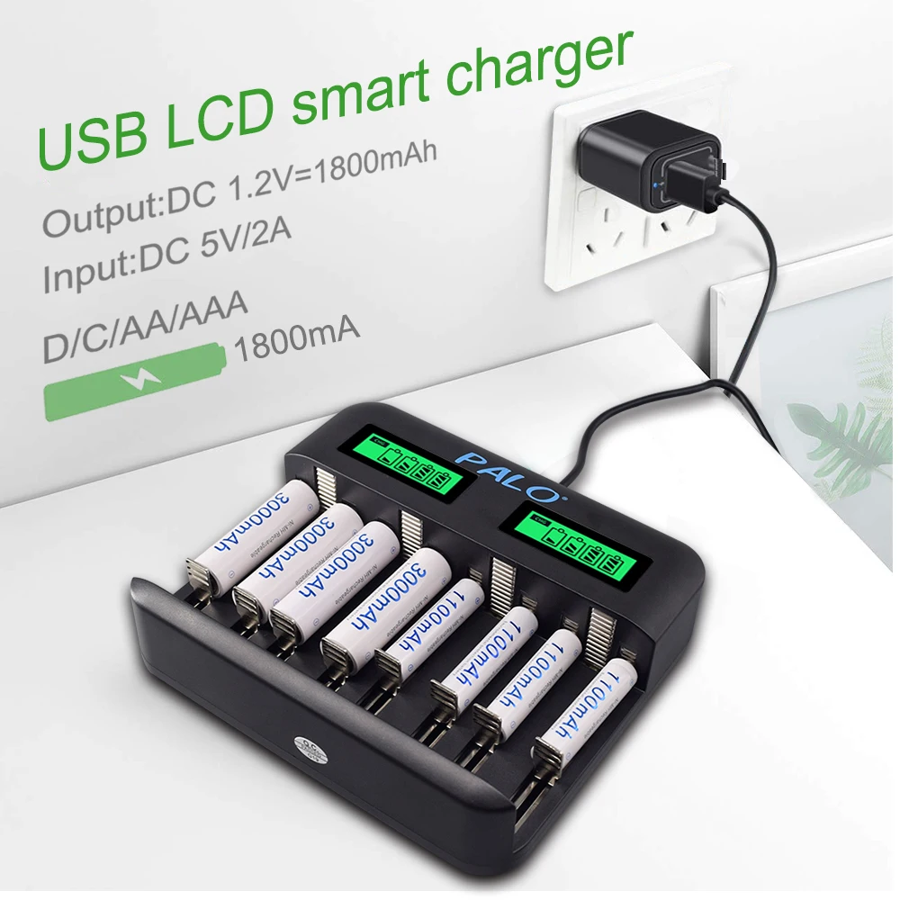 

PALO 8 Slots Smart LCD Display USB Charger Intelligent Fast Battery Charger for 1.2V AA AAA SC C D Size Rechargeable Battery
