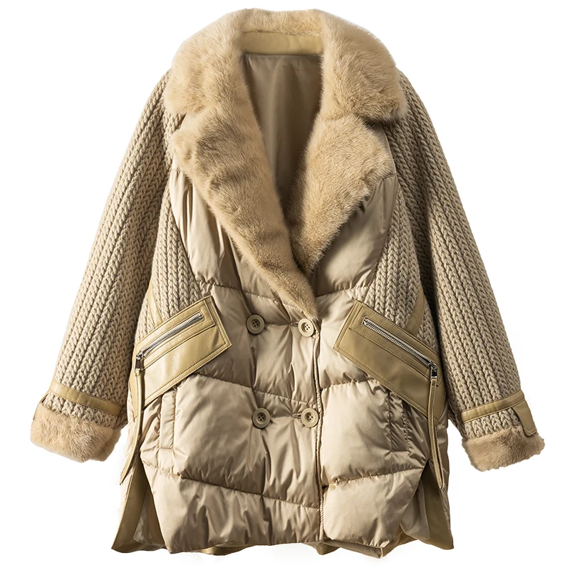 Enlarge Patchwork Mink Sheepskin High Quality Down Jacket Women 90% White Goose Down  High Street  Double Breasted Fashion Knitted