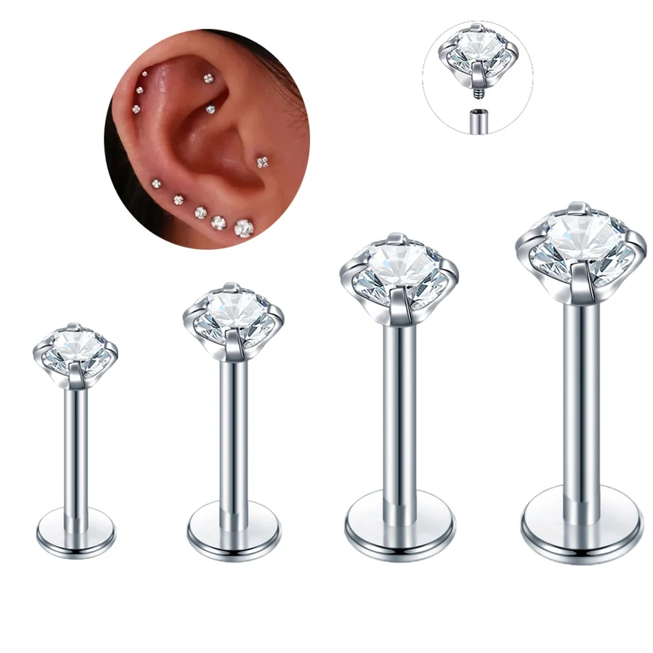 

10Pcs/lot Steel Ear Tragus Stud Internal Thread Crystal Labret Stud Lip Ring Helix Cartilage Earring for Women Body Piercing