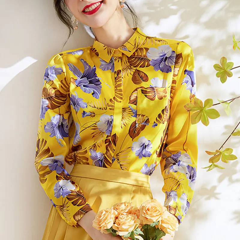 Floral shirt women's long-sleeved 2022  new design print top women's  shirt womans tops blouse Chiffon vintage