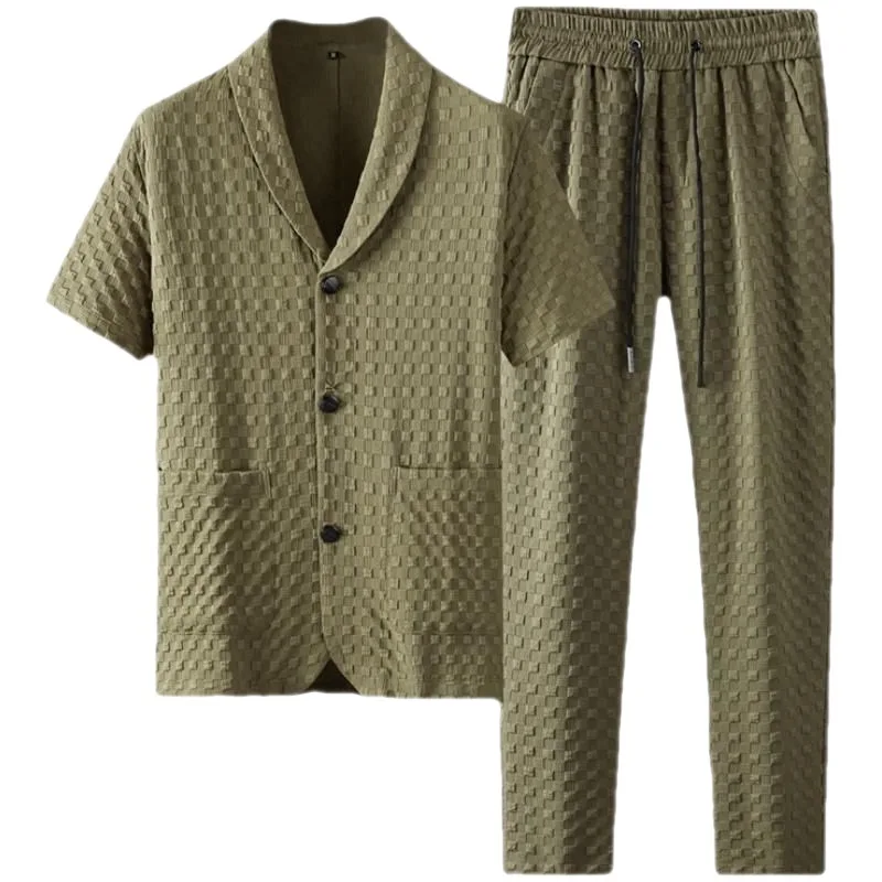 2023 New Summer Short Sleeve Casual Sports Men's Set Half  Man Clothes Casual Sweatpants Spring and Summer Notched