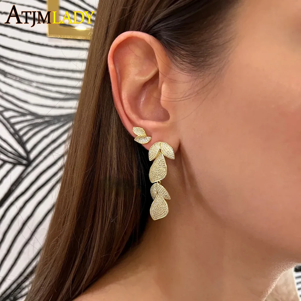 

2023 Fashion Cubic Zirconia Long Drop Earrings for Women Leaf Shape Ear Accessories Creative Shiny CZ Bridal Wedding Jewelry