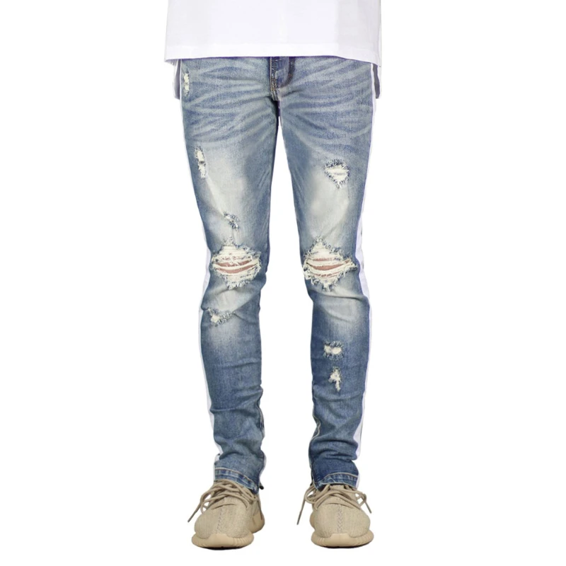 22ss Fashion Streetwear Jeans for Men White Striped Mid Waist Jeans Big Ripped Stretch Slim Jeans Men Right Angle Pencil Pants
