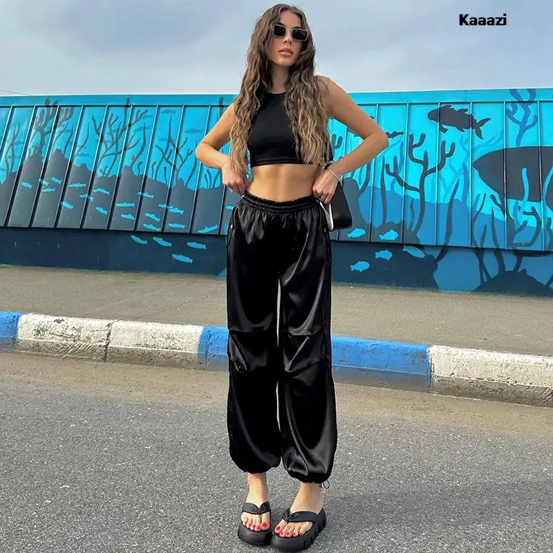 

KAAAZI Summer New Long Pants Simple Casual Satin Solid Color Cargo Pants Drawstring Fashion Loose Women Pants Streetwear