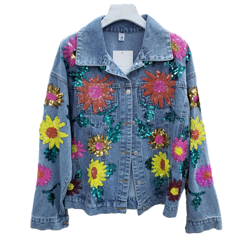 

Джинсовая куртка с блестками и подсолнухами, свободная повседневная короткая ковбойская верхняя одежда, винтажная джинсовая куртка с боль...