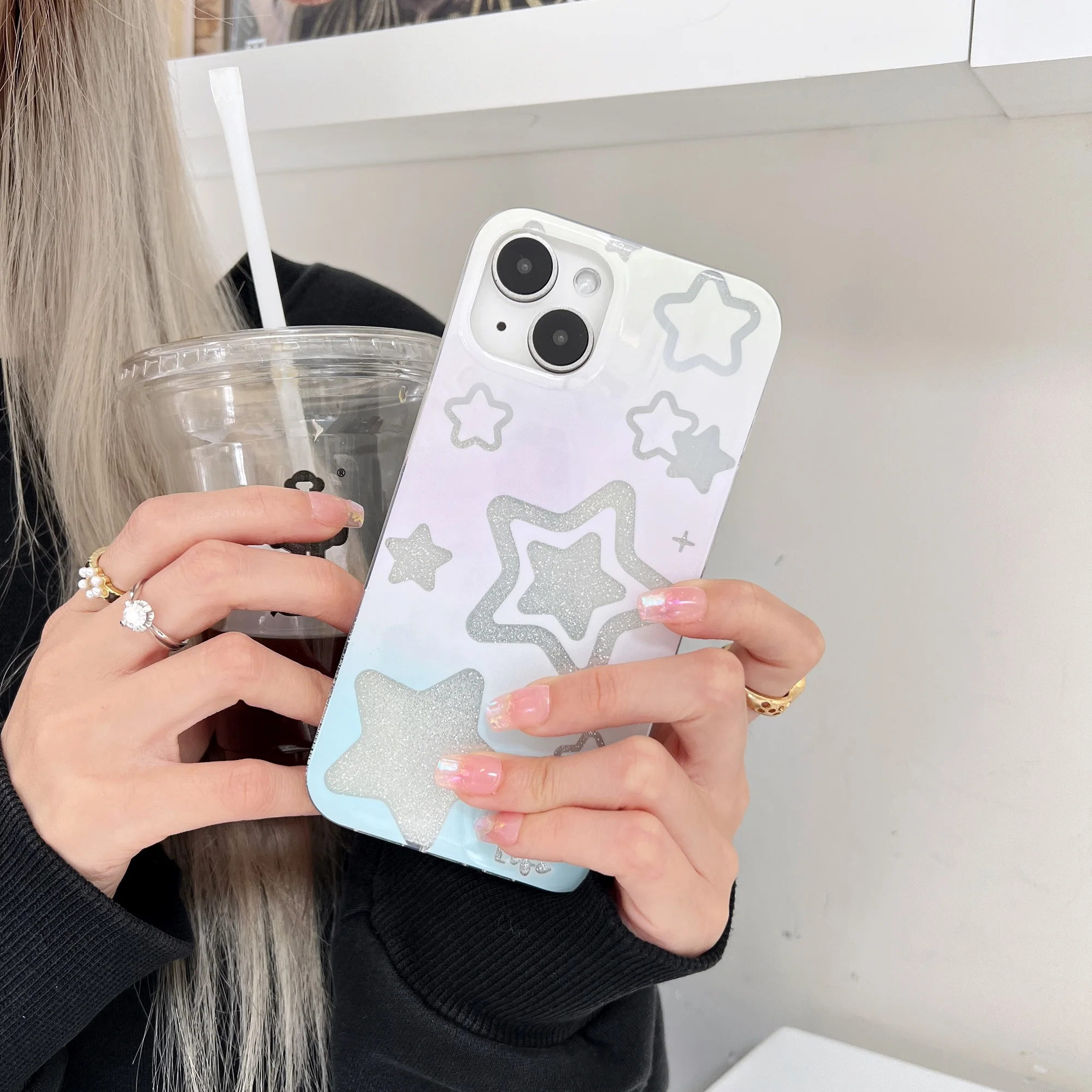 

In Korean Cute Y2k Glitter Star Phone Case For iPhone 14 13 12 Pro Max Lovely Bling Shockproof Soft Back Cover Funda