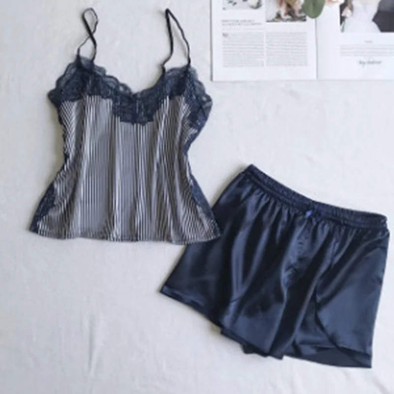 Women's Sleepwear 2 Pcs Sets Tops+Shorts Sexy Lace Satin Striped Sleeveless V-neck Cozy Soft Pyjama Sets
