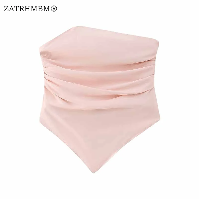

ZATRHMBM Women 2023 Summer New Fashion Strapless Pink Tank Tops Vintage Side Zipper Asymmetrical Female Chic Vest Top Mujer