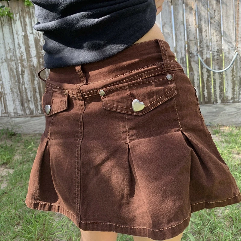 

Harajuku Women's Low Waisted Denim Pleated Skirts E-Girls Vintage Brown Pockets Mini Skirt Female Kawaii Korean Preppy Style Y2k