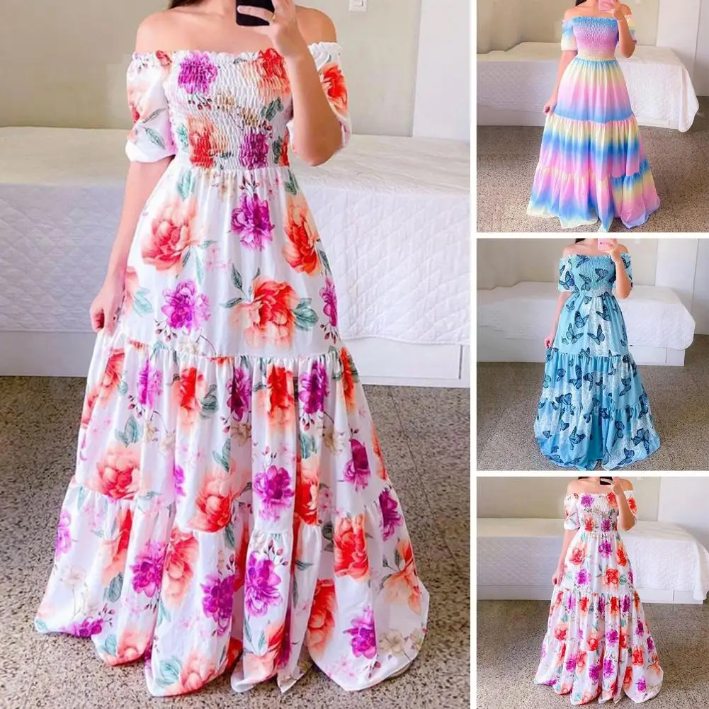 

Sexy Off The Shoulder Dresses for women 2022 Butterfly Rainbow Floral Print Dress Ladies Elegant Summer Boho Party Maxi Vestidos